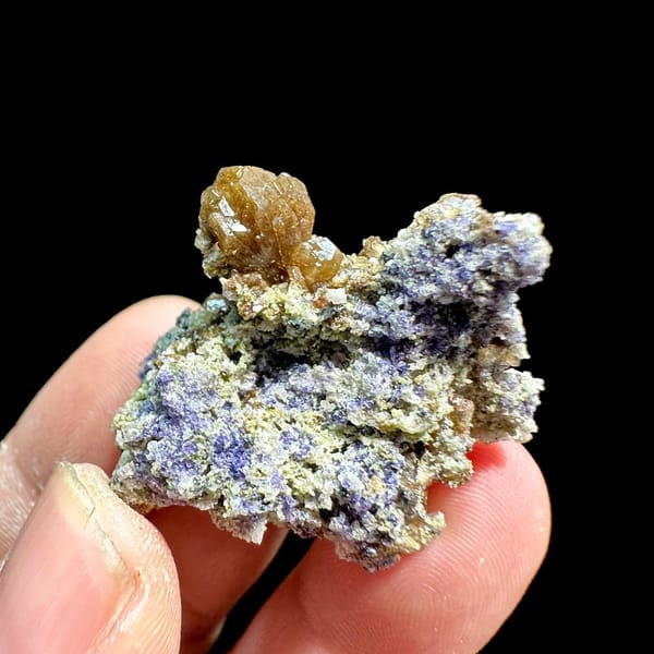 Golden stilbite sheaf on purple fluorite with specularite from Yunxiao, Fujian, China, view 3 of 6