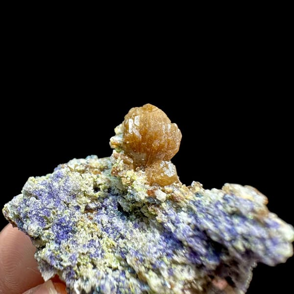 Golden stilbite sheaf on purple fluorite with specularite from Yunxiao, Fujian, China, view 4 of 6