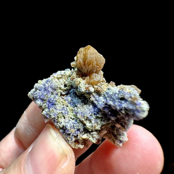 Golden stilbite sheaf on purple fluorite with specularite from Yunxiao, Fujian, China, view 5 of 6