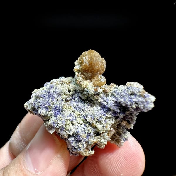 Golden stilbite sheaf on purple fluorite with specularite from Yunxiao, Fujian, China, view 6 of 6