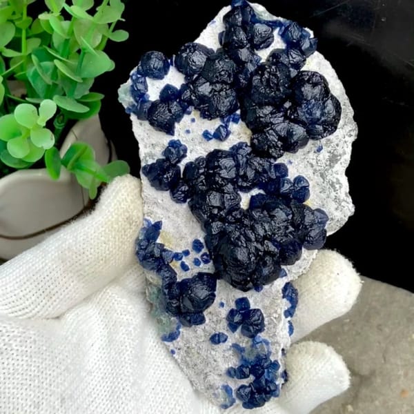 Navy-blue strawberry quartz balls on pale plate from Inner Mongolia, China