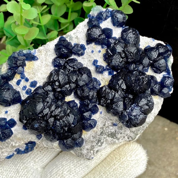 Navy-blue strawberry quartz balls on pale plate from Inner Mongolia, China, view 2 of 9