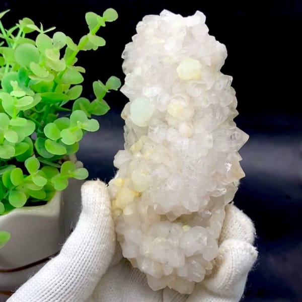 Tall white quartz cluster with pale green prehnite balls from Sichuan, China