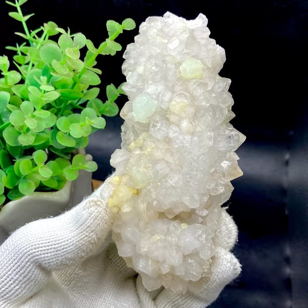 Tall white quartz cluster with pale green prehnite balls from Sichuan, China, view 2 of 9