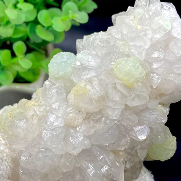 Tall white quartz cluster with pale green prehnite balls from Sichuan, China, view 6 of 9