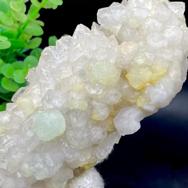 Tall white quartz cluster with pale green prehnite balls from Sichuan, China, view 9 of 9