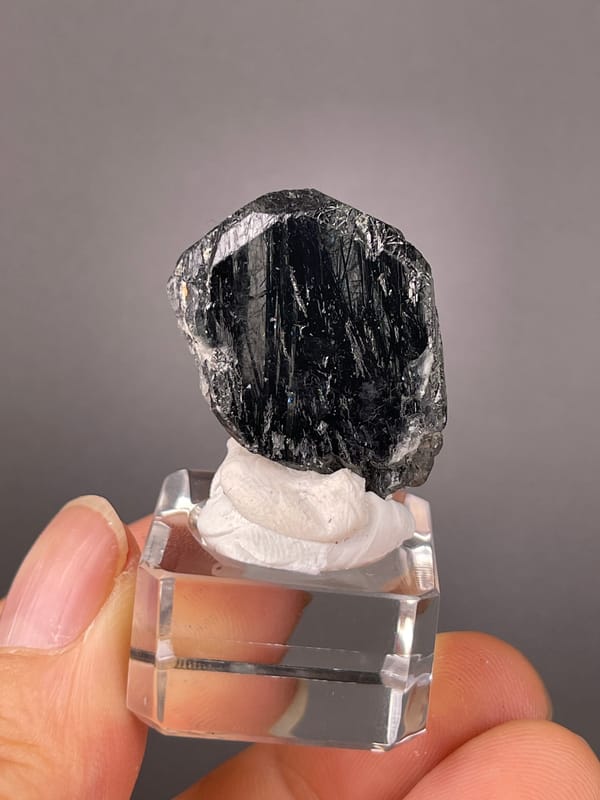 Tourmaline from Brazil: front view of dark linear texture and rough outer margins.
