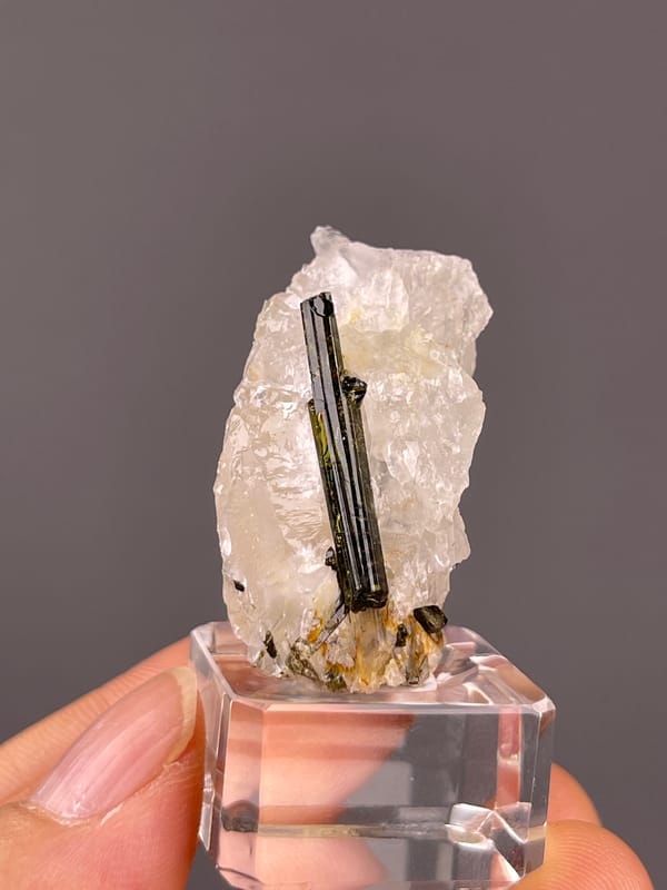 Tourmaline with quartz from Brazil: upright white quartz showing parallel dark crystal edges.