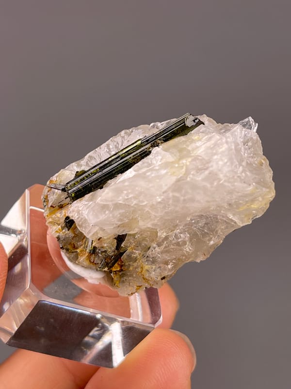 Tourmaline with quartz from Brazil: horizontal angle of the long dark prism over white quartz.
