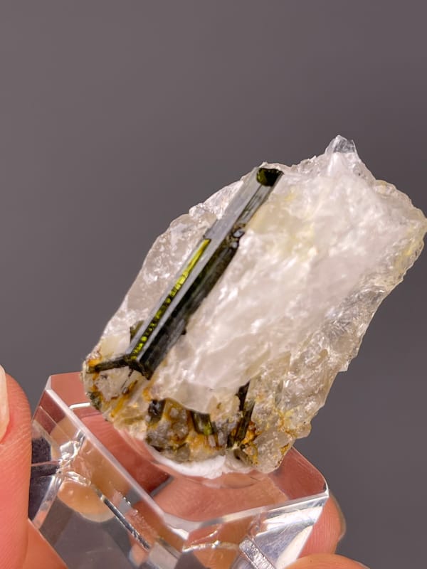 Tourmaline with quartz from Brazil: close tilted view of green edges and pale host texture.