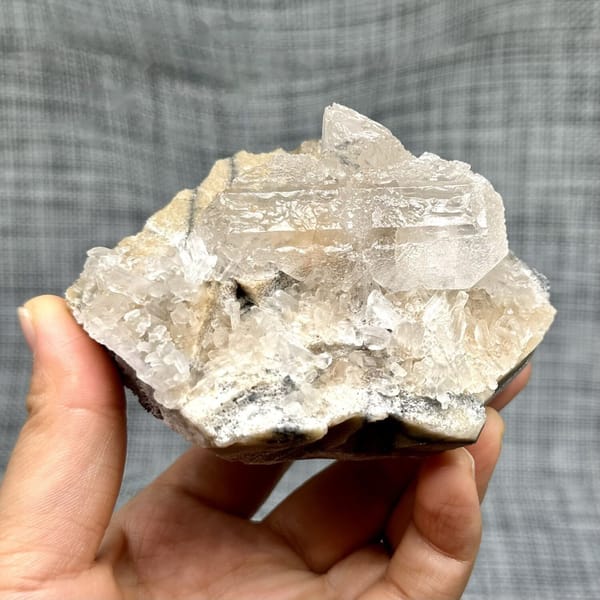Translucent white baryte block with tabular blades from Jinkouhe, Sichuan, China, view 6 of 12
