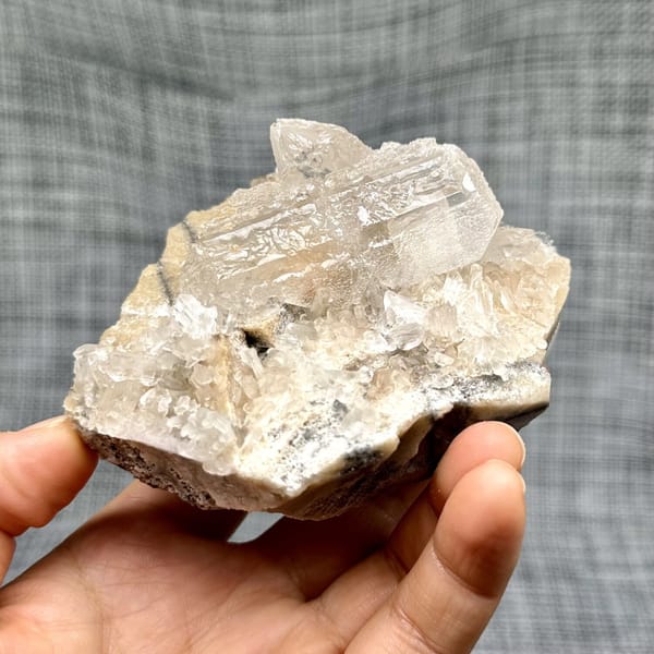 Translucent white baryte block with tabular blades from Jinkouhe, Sichuan, China, view 9 of 12