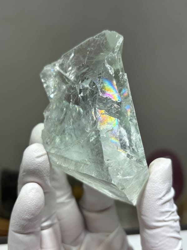 Transparent pale fluorite with rainbow flash from Xuebaoding, Sichuan, China, second angle