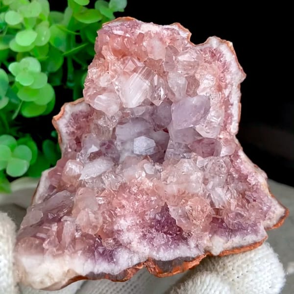 Two-tone pink quartz pocket with red rim from Argentina