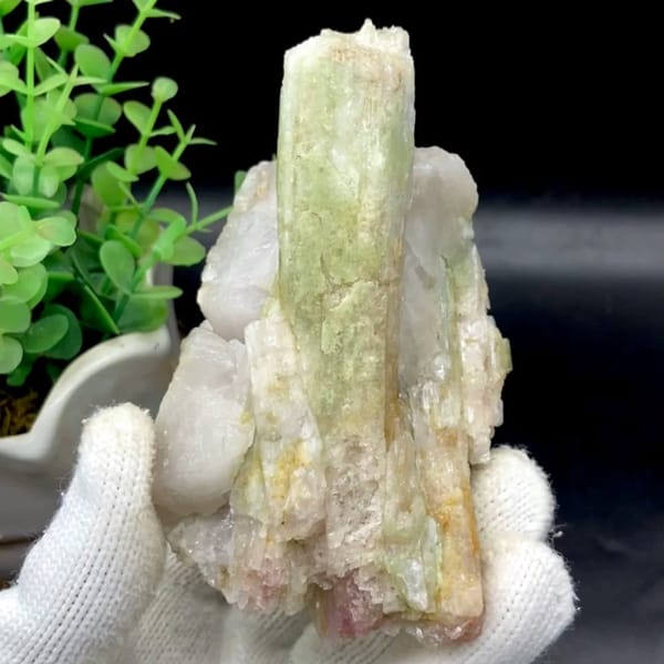 Two-tone green-to-pink tourmaline prism on white matrix from Brazil