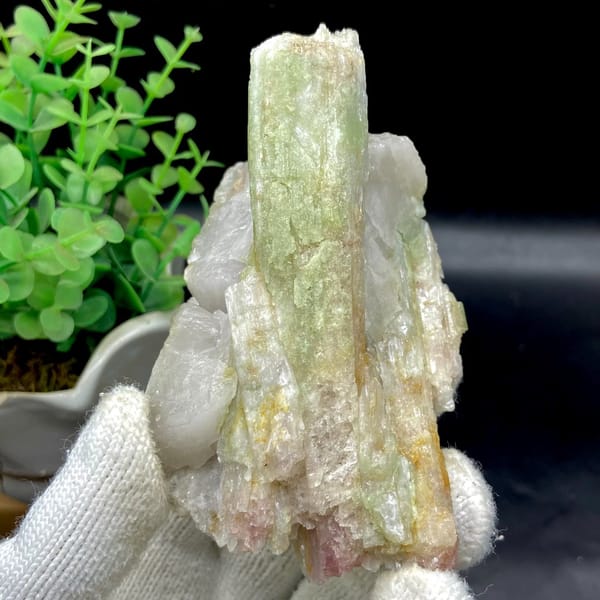 Two-tone green-to-pink tourmaline prism on white matrix from Brazil, view 2 of 9