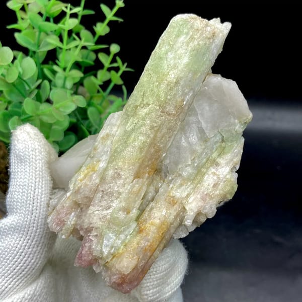 Two-tone green-to-pink tourmaline prism on white matrix from Brazil, view 3 of 9