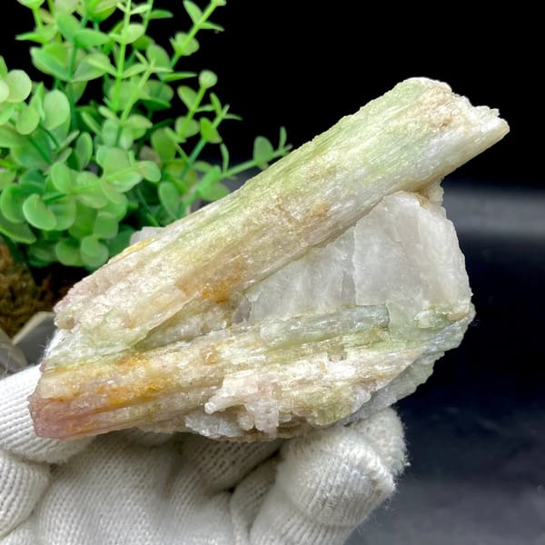 Two-tone green-to-pink tourmaline prism on white matrix from Brazil, view 7 of 9
