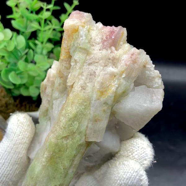 Two-tone green-to-pink tourmaline prism on white matrix from Brazil, view 9 of 9