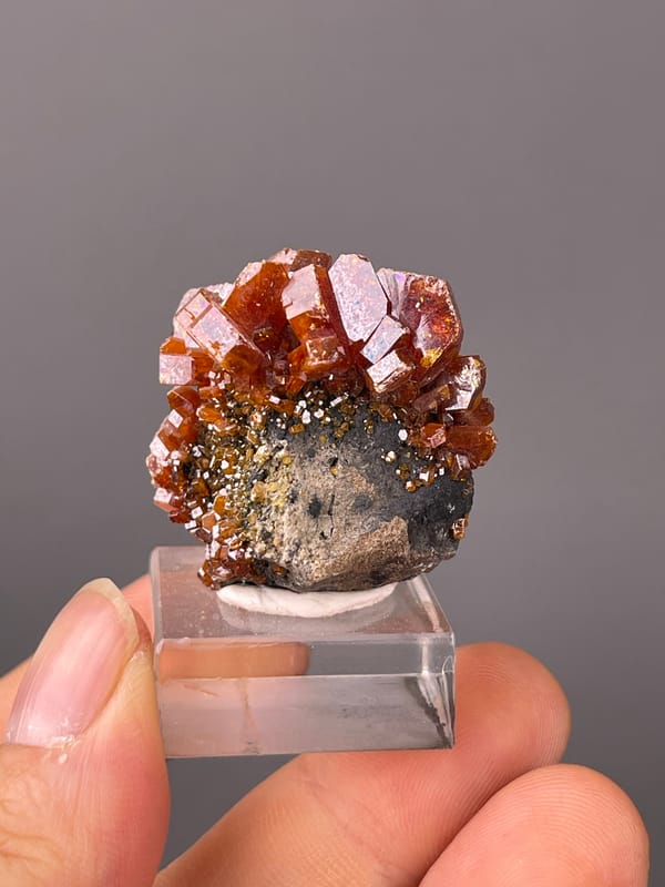 Vanadinite specimen from Morocco featuring orange-red hexagonal tabular crystals