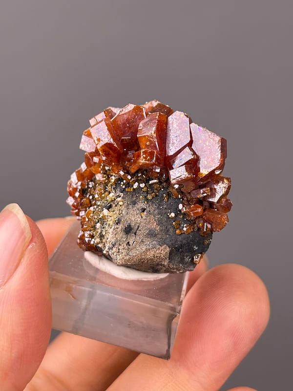 Vanadinite specimen from Morocco bearing orange-red hexagonal tabular crystals