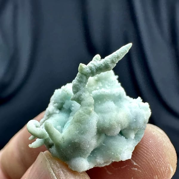 Fuzzy blue-green stalactitic aragonite thumbnail specimen from Yunnan, China