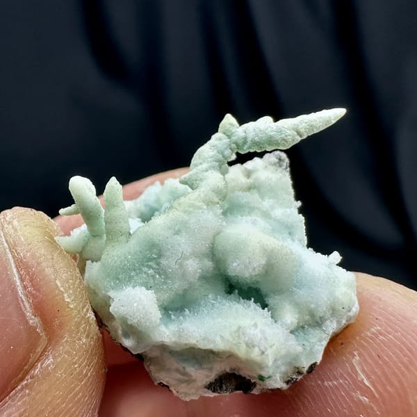 Fuzzy blue-green stalactitic aragonite thumbnail specimen from Yunnan, China, view 4 of 6