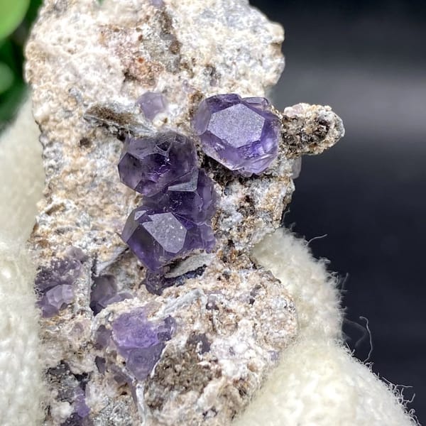 Transparent violet fluorite cubes on pale plate from Fujian, China, view 9 of 9