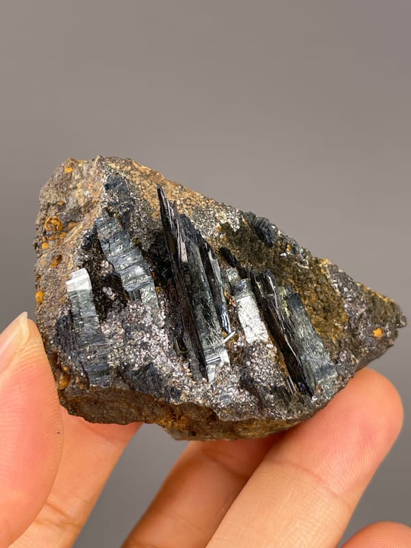 Vivianite from Brazil: front view of spaced dark green crystal blades.