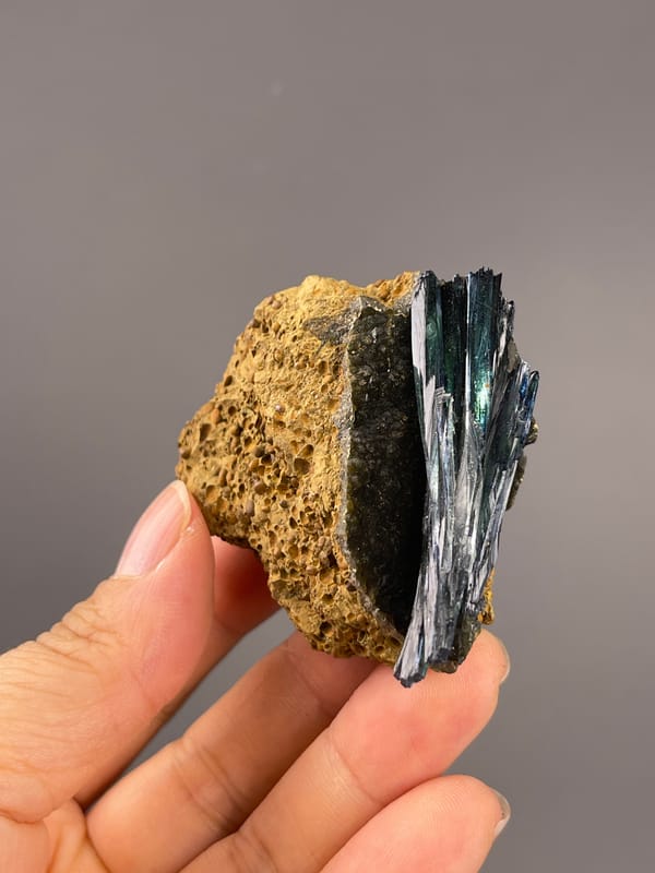 Vivianite from Brazil: vertical side view of long dark green blades.