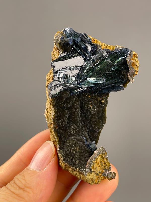 Vivianite from Brazil: oblique view of intergrown dark green blades.