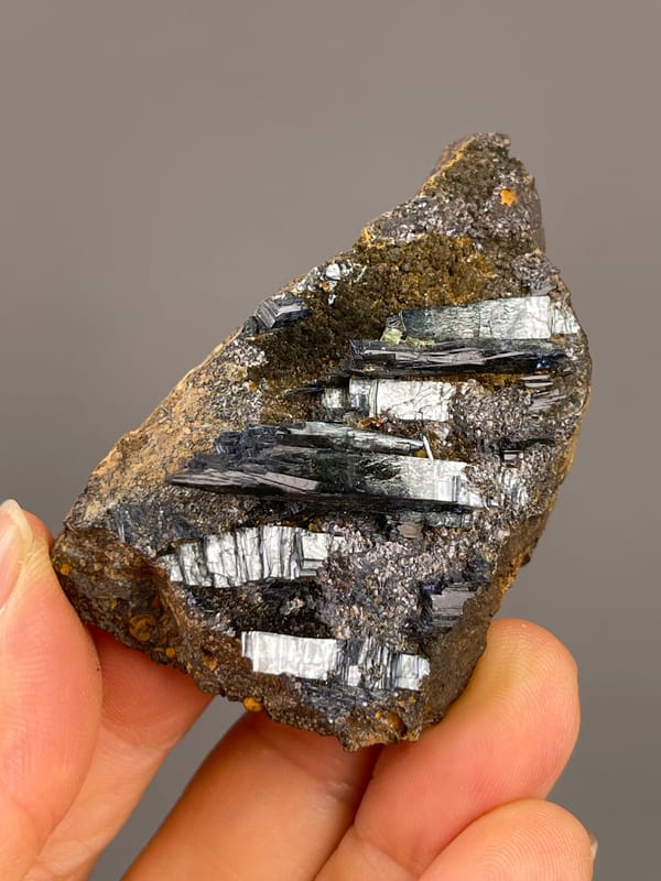Vivianite from Brazil: upright matrix with several parallel dark blades.