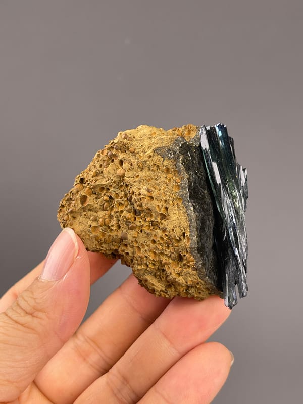 Vivianite from Brazil: rough ochre reverse beside an exposed dark crystal edge.