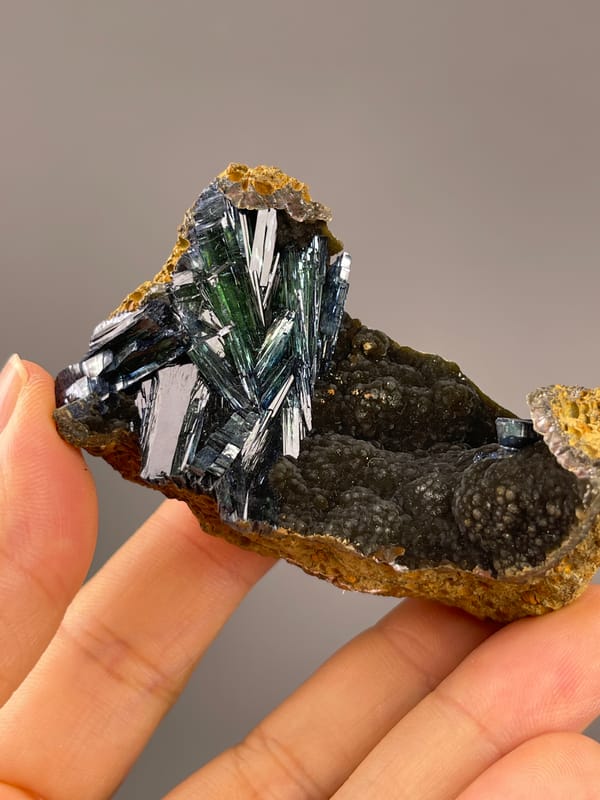 Vivianite from Brazil: horizontal view across the curved matrix.