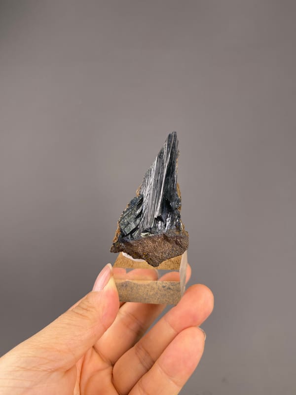 Vivianite from Brazil: whole upright specimen on a display stand.
