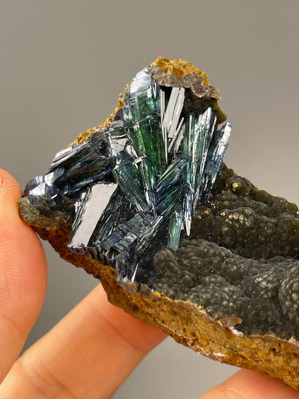 Vivianite from Brazil: close view of narrow reflective crystal blades.