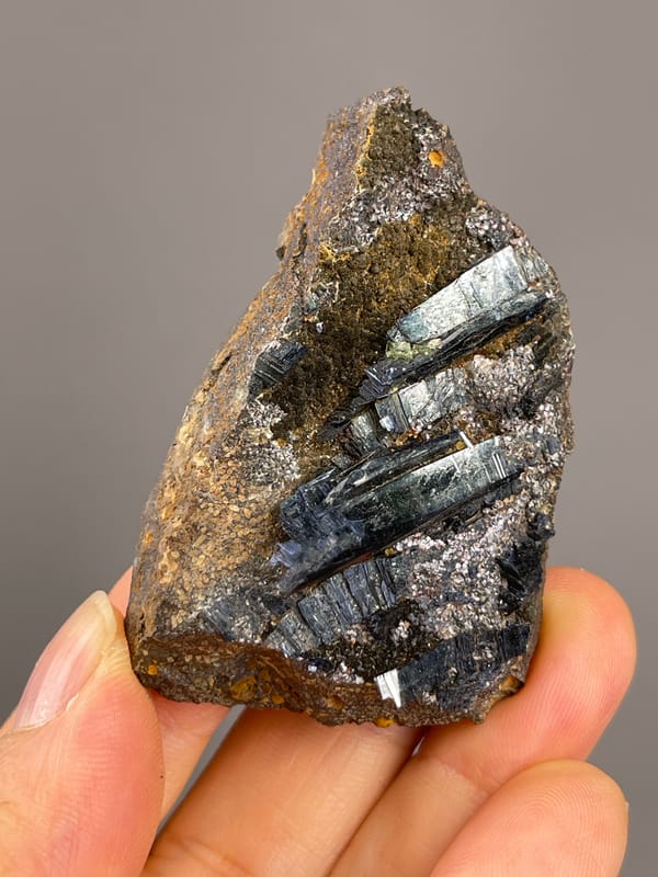 Vivianite from Brazil: angled view of blade groups on brown matrix.