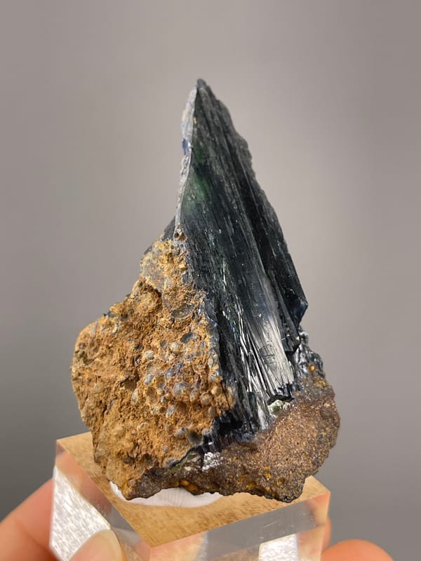 Vivianite from Brazil: brown matrix flanking narrow dark blades.