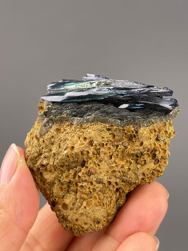 Vivianite from Brazil: close view of overlapping blades and honeycomb textured matrix.