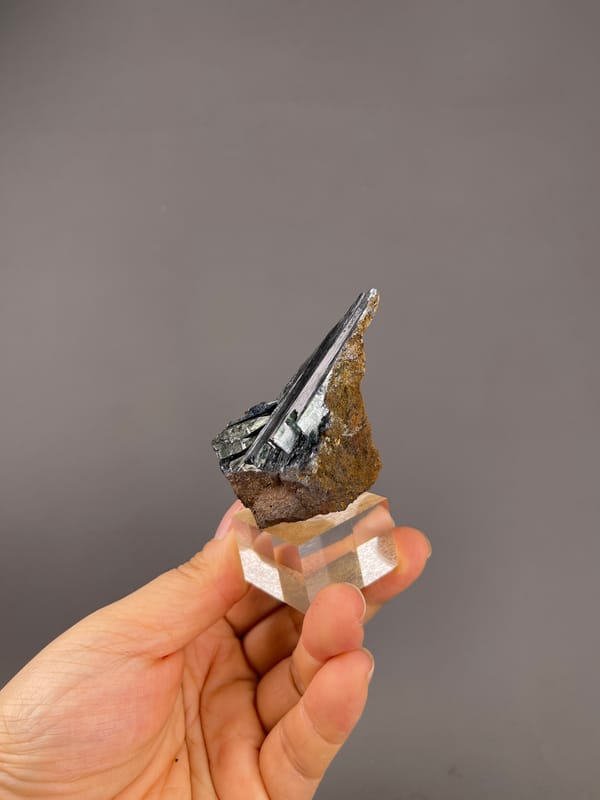 Vivianite from Brazil: angled view of the mounted blade cluster.