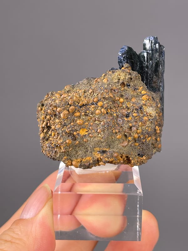 Black striated blades on brown matrix on natural vivianite specimen from Brazil