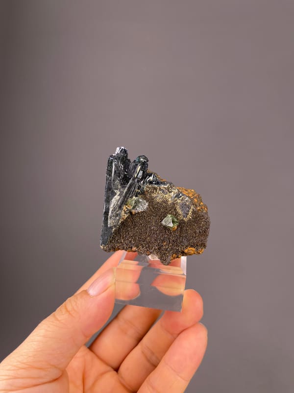 Vivianite specimen from Brazil bearing black striated blades on brown matrix