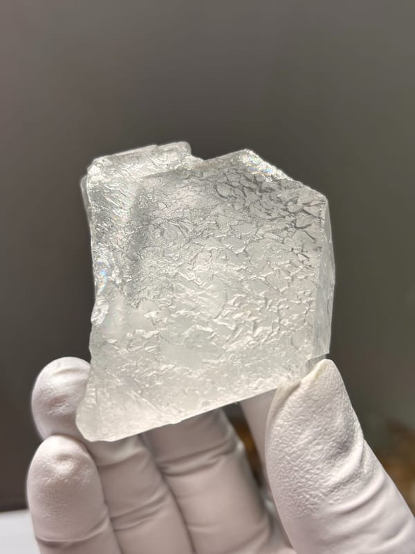 White fluorite octahedron with lace-like pattern from Xuebaoding, Sichuan, China, second angle