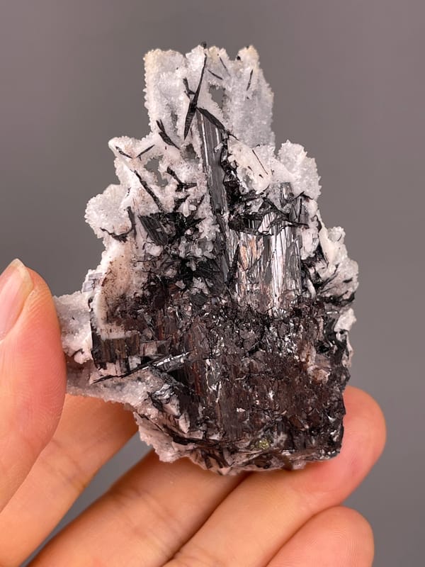Wolframite-group specimen from Yaogangxian Mine, Hunan, China, defined by steel-gray blades through white coating