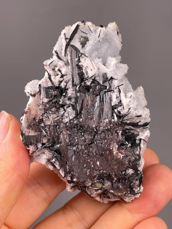 Wolframite-group specimen from Yaogangxian Mine, Hunan, China presenting steel-gray blades through white coating