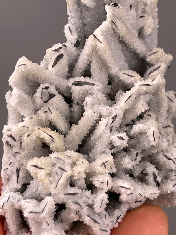 Wolframite-group specimen from Yaogangxian Mine, Hunan, China highlighting steel-gray blades through white coating
