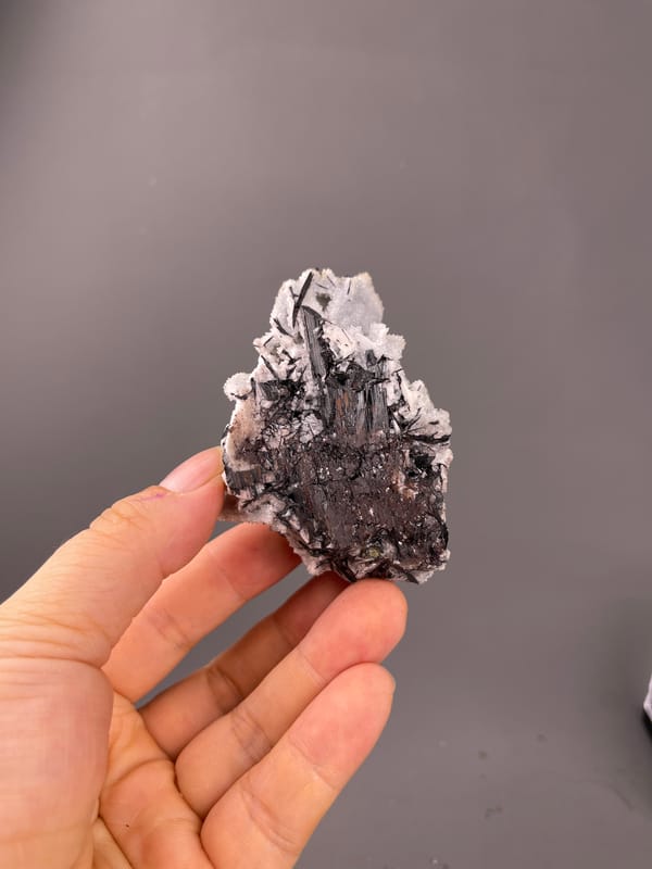 Wolframite-group specimen from Yaogangxian Mine, Hunan, China bearing steel-gray blades through white coating