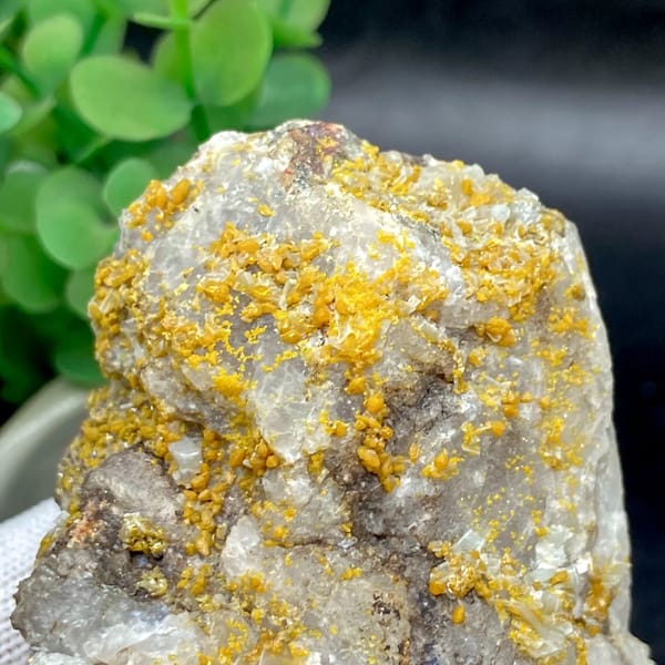 Yellow wulfenite and pale blue baryte over white matrix from Sichuan, China, view 3 of 9