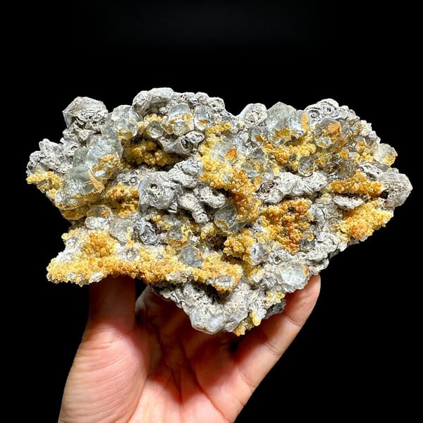 Plate of yellow-skinned quartz with fluorite and calcite from Fujian, China