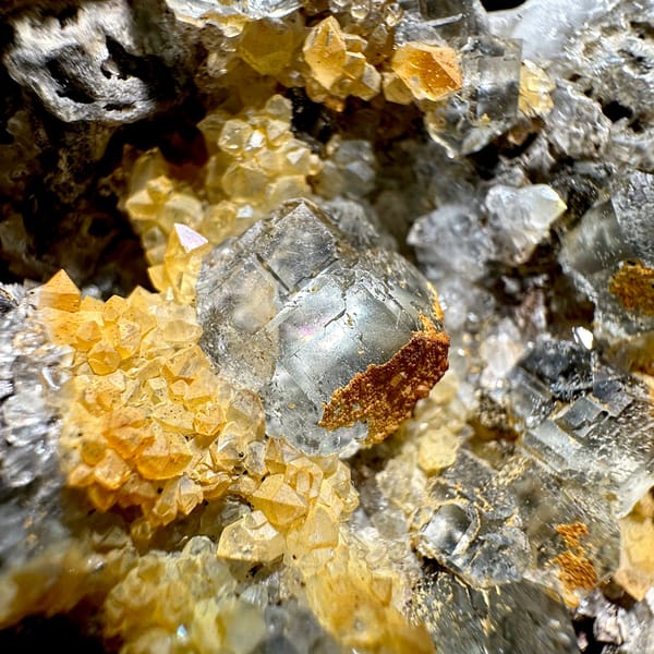 Plate of yellow-skinned quartz with fluorite and calcite from Fujian, China, view 4 of 11